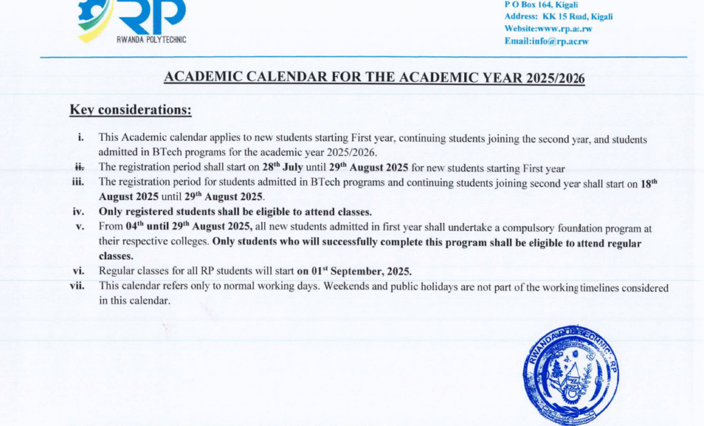 ACADEMIC CALENDAR FOR THE ACADEMIC YEAR 2025/2026