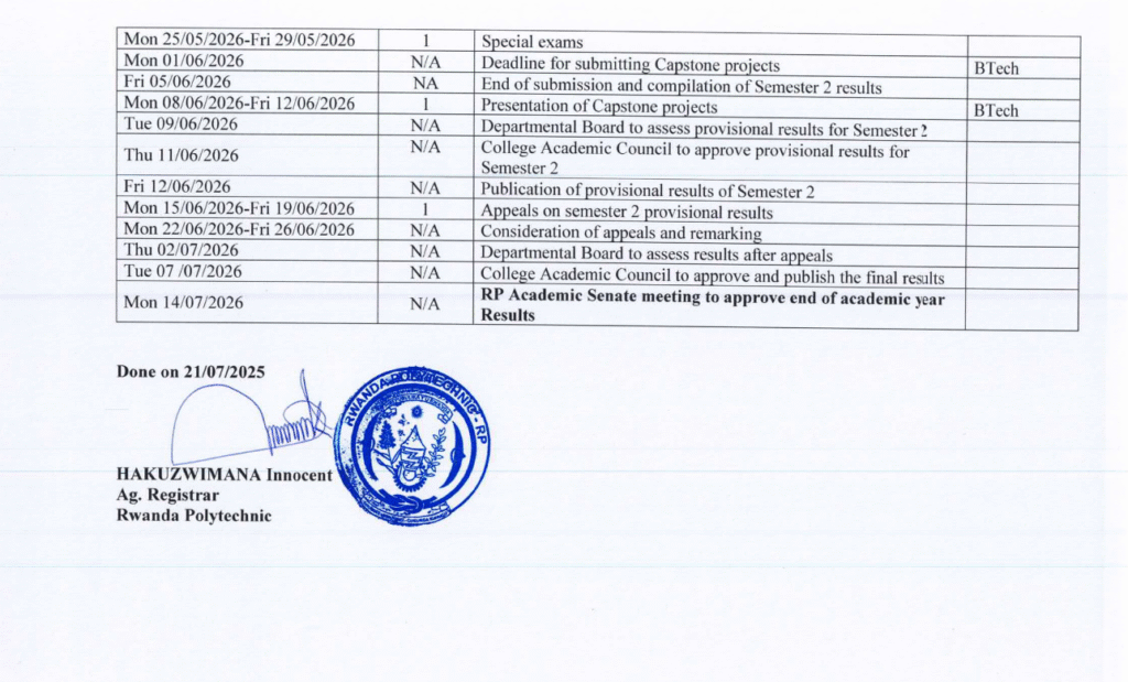 ACADEMIC CALENDAR FOR THE ACADEMIC YEAR 2025/2026