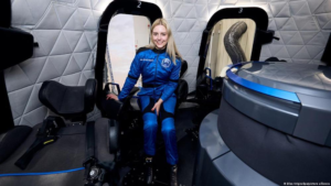 Michaela Benthaus, a wheelchair user, prepares for a Blue Origin spaceflight in Texas.