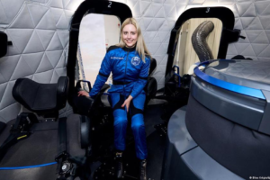 Michaela Benthaus, a wheelchair user, prepares for a Blue Origin spaceflight in Texas.