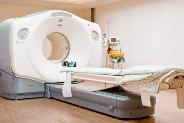 Medical staff operate advanced nuclear imaging equipment used for early disease detection.