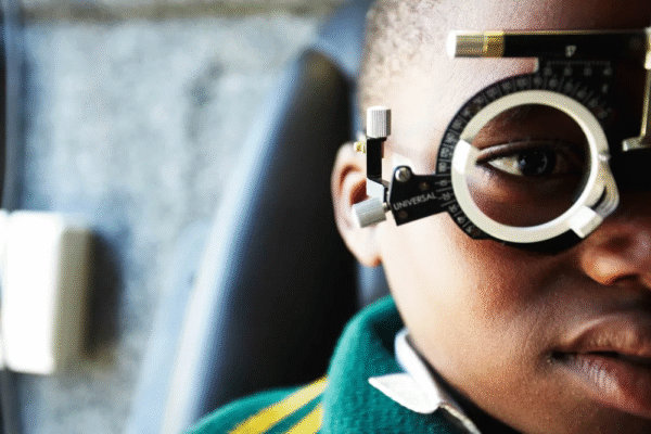 A child using a tablet with glasses, illustrating rising myopia worldwide.