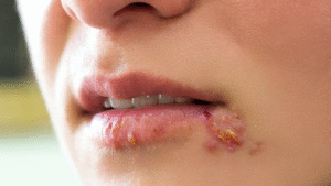 Two people kissing with a warning about infectious diseases transmitted through saliva.