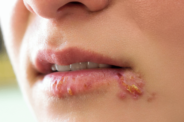 Two people kissing with a warning about infectious diseases transmitted through saliva.