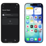 Google Pixel 10 phone wirelessly sharing photos to an iPhone using Quick Share and Airdrop.