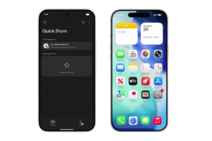 Google Pixel 10 phone wirelessly sharing photos to an iPhone using Quick Share and Airdrop.