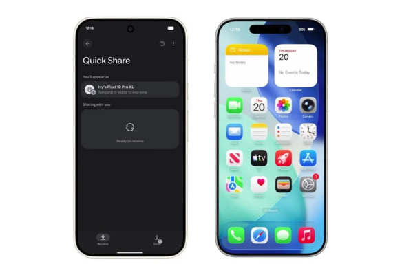 Google Pixel 10 phone wirelessly sharing photos to an iPhone using Quick Share and Airdrop.