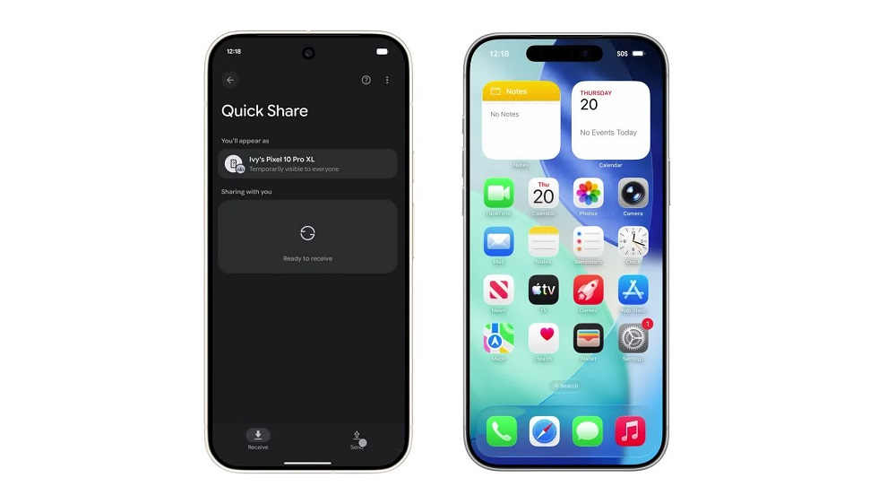 Google Pixel 10 phone wirelessly sharing photos to an iPhone using Quick Share and Airdrop.