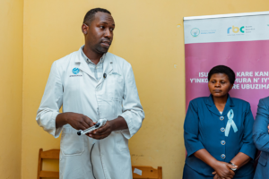 A health worker conducting cervical cancer screening for women at a Rwandan health center.