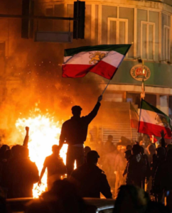 Iranian protesters facing security forces during nationwide demonstrations