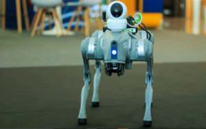 AI technology looming over a human worker at a computer