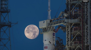 NASA Artemis spacecraft on launch pad amid cloudy weather conditions