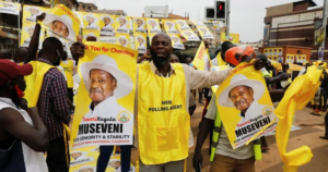 Ugandans using mobile phones during a nationwide internet shutdown ahead of elections