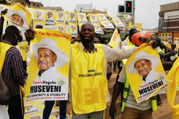 Ugandans using mobile phones during a nationwide internet shutdown ahead of elections