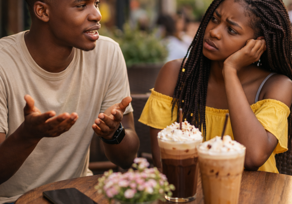 Young man looking nervous while considering approaching a woman, illustrating dating anxiety and fear of rejection.