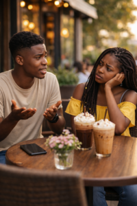 Young man looking nervous while considering approaching a woman, illustrating dating anxiety and fear of rejection.
