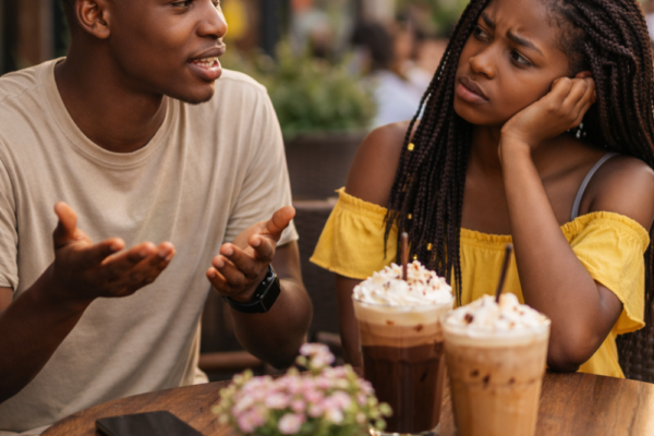 Young man looking nervous while considering approaching a woman, illustrating dating anxiety and fear of rejection.