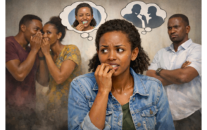 Person looking anxious in a crowd, symbolizing fear of judgment and Allodoxaphobia.
