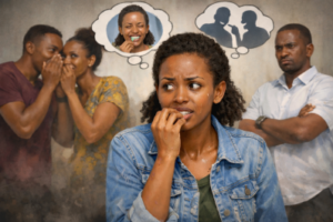 Person looking anxious in a crowd, symbolizing fear of judgment and Allodoxaphobia.