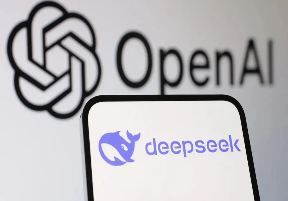 Logos of OpenAI and DeepSeek representing rising tensions over AI technology and model distillation.