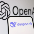 Logos of OpenAI and DeepSeek representing rising tensions over AI technology and model distillation.