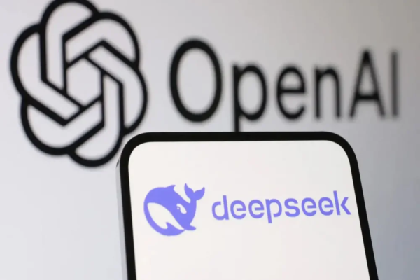 Logos of OpenAI and DeepSeek representing rising tensions over AI technology and model distillation.