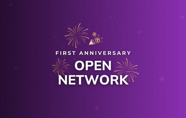 Pi Network celebrates one year of Open Pi Network Open Network anniversary infographic showing ecosystem growth, Mainnet migration, and app development milestones.