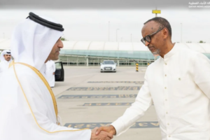 President Paul Kagame arrives in Doha, Qatar, on Monday, July 13, to pay his respects following the death of former Emir of Qatar Sheikh Hamad bin Khalifa Al Thani. Photo Courtesy