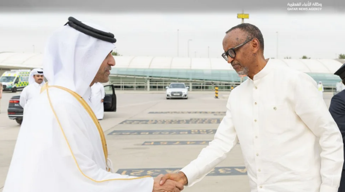 President Paul Kagame arrives in Doha, Qatar, on Monday, July 13, to pay his respects following the death of former Emir of Qatar Sheikh Hamad bin Khalifa Al Thani. Photo Courtesy